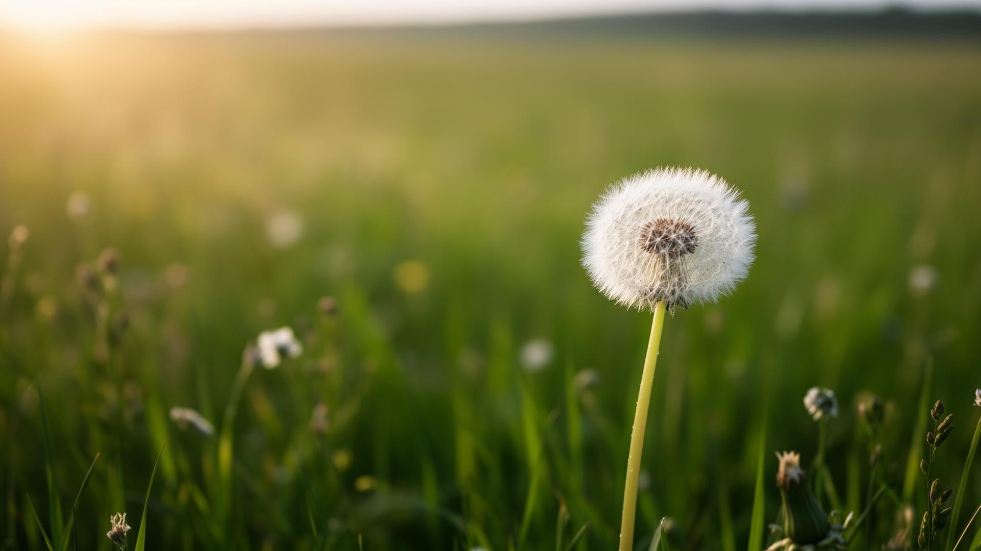 A single dandelion seed head standing tall in a sunlit green meadow at golden hour